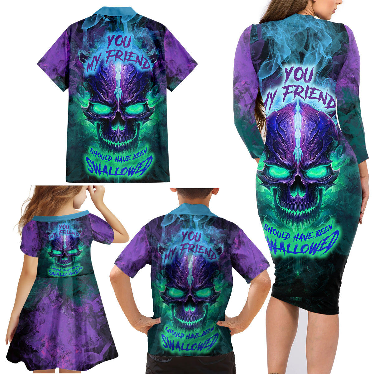 You My Friend Should Have Been Swallowed Skull Family Matching Long Sleeve Bodycon Dress and Hawaiian Shirt - Wonder Print Shop