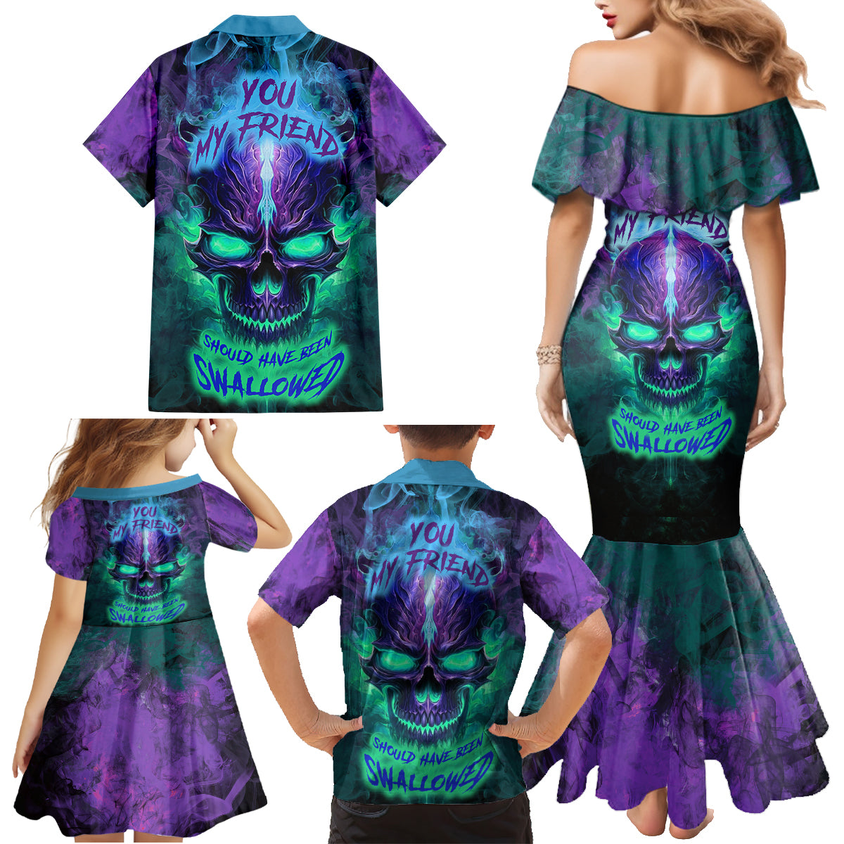 You My Friend Should Have Been Swallowed Skull Family Matching Mermaid Dress and Hawaiian Shirt - Wonder Print Shop