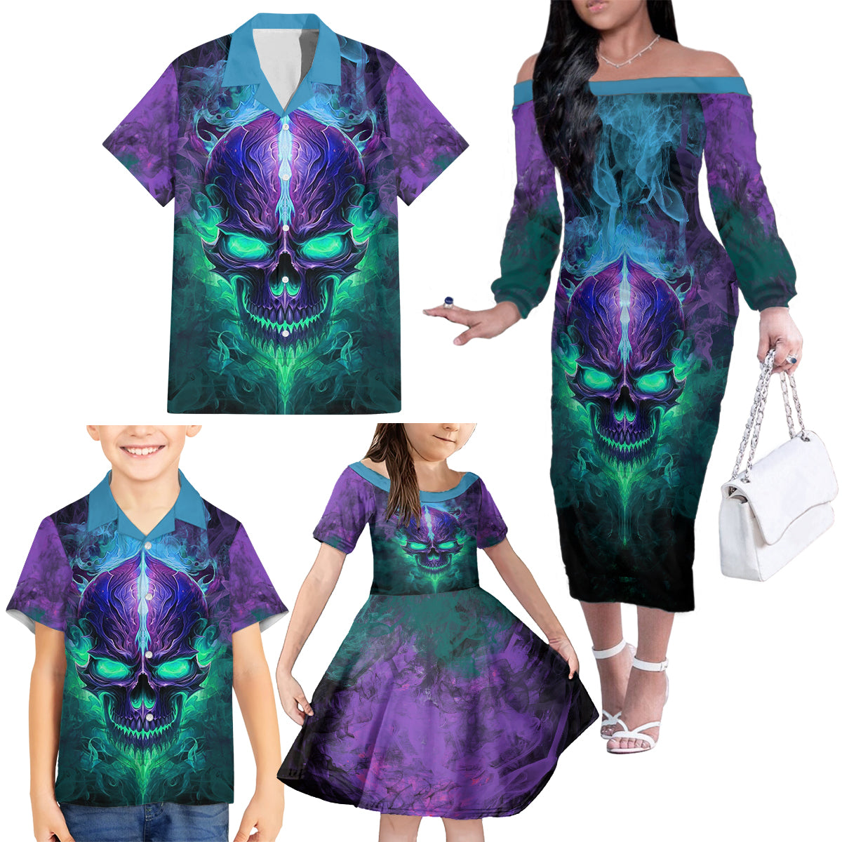 You My Friend Should Have Been Swallowed Skull Family Matching Off Shoulder Long Sleeve Dress and Hawaiian Shirt - Wonder Print Shop