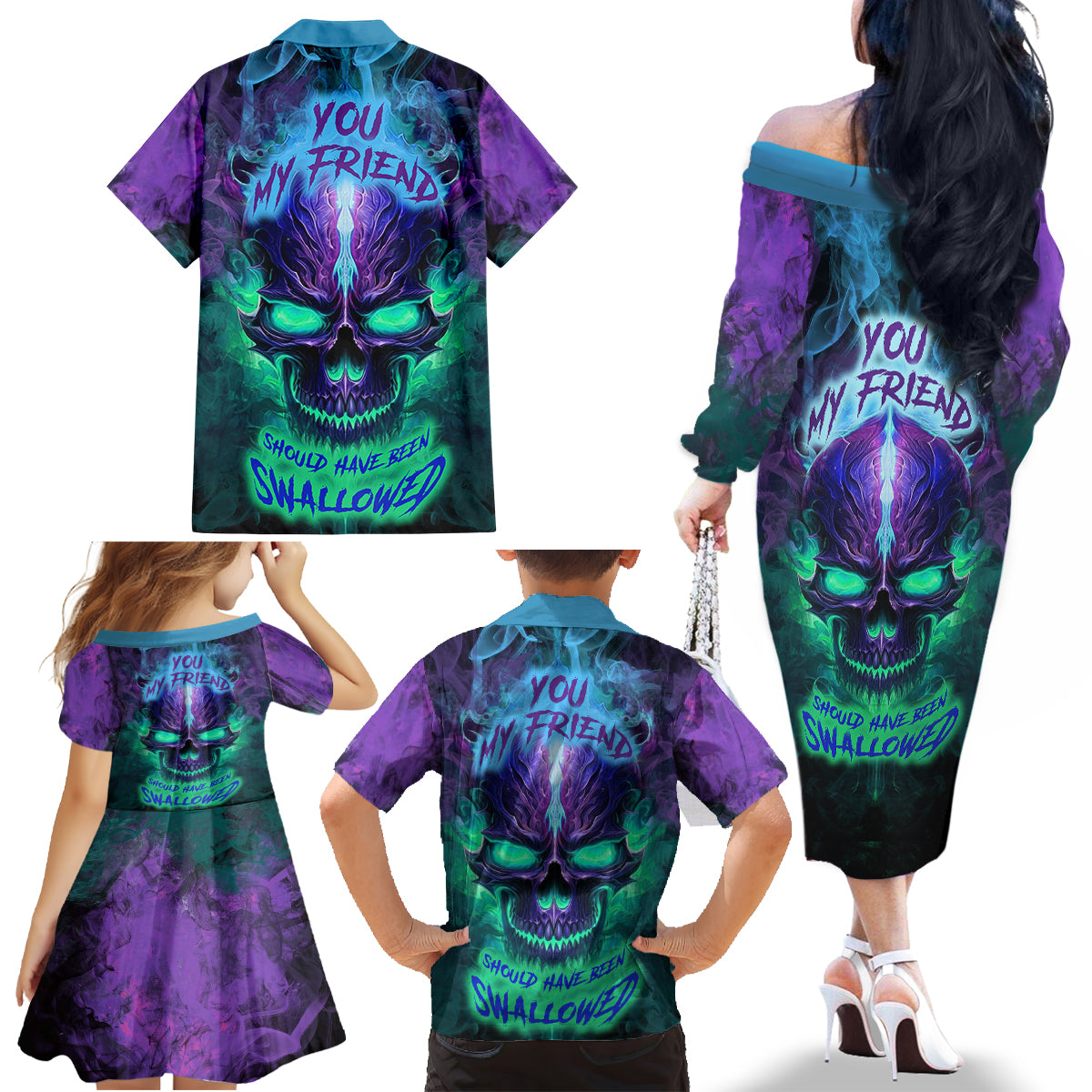 You My Friend Should Have Been Swallowed Skull Family Matching Off Shoulder Long Sleeve Dress and Hawaiian Shirt - Wonder Print Shop