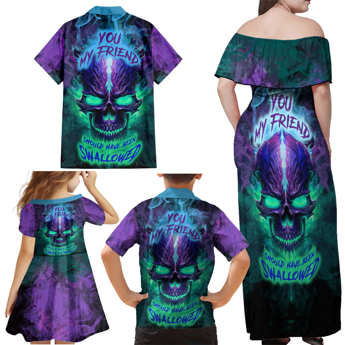 You My Friend Should Have Been Swallowed Skull Family Matching Off Shoulder Maxi Dress and Hawaiian Shirt - Wonder Print Shop