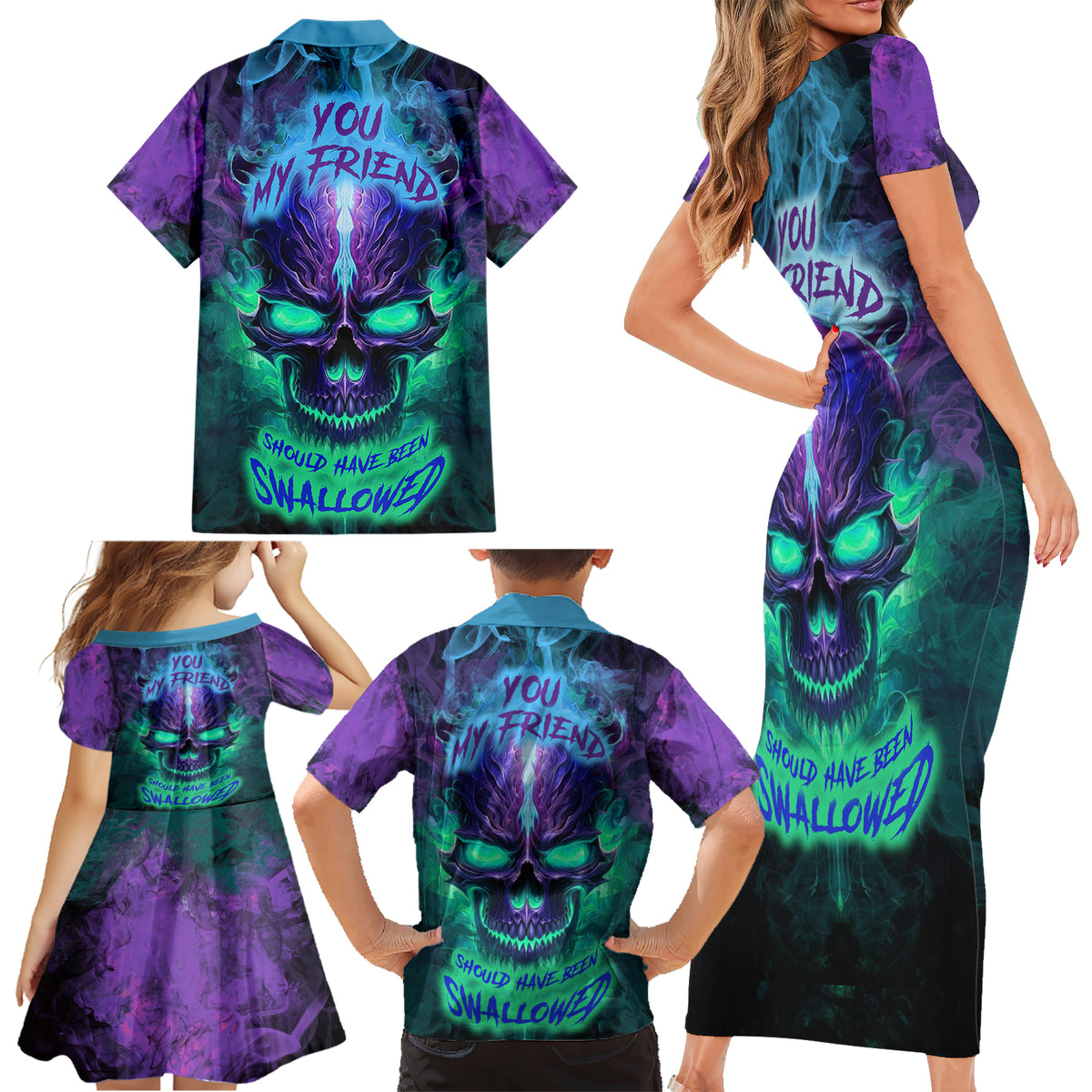 You My Friend Should Have Been Swallowed Skull Family Matching Short Sleeve Bodycon Dress and Hawaiian Shirt - Wonder Print Shop