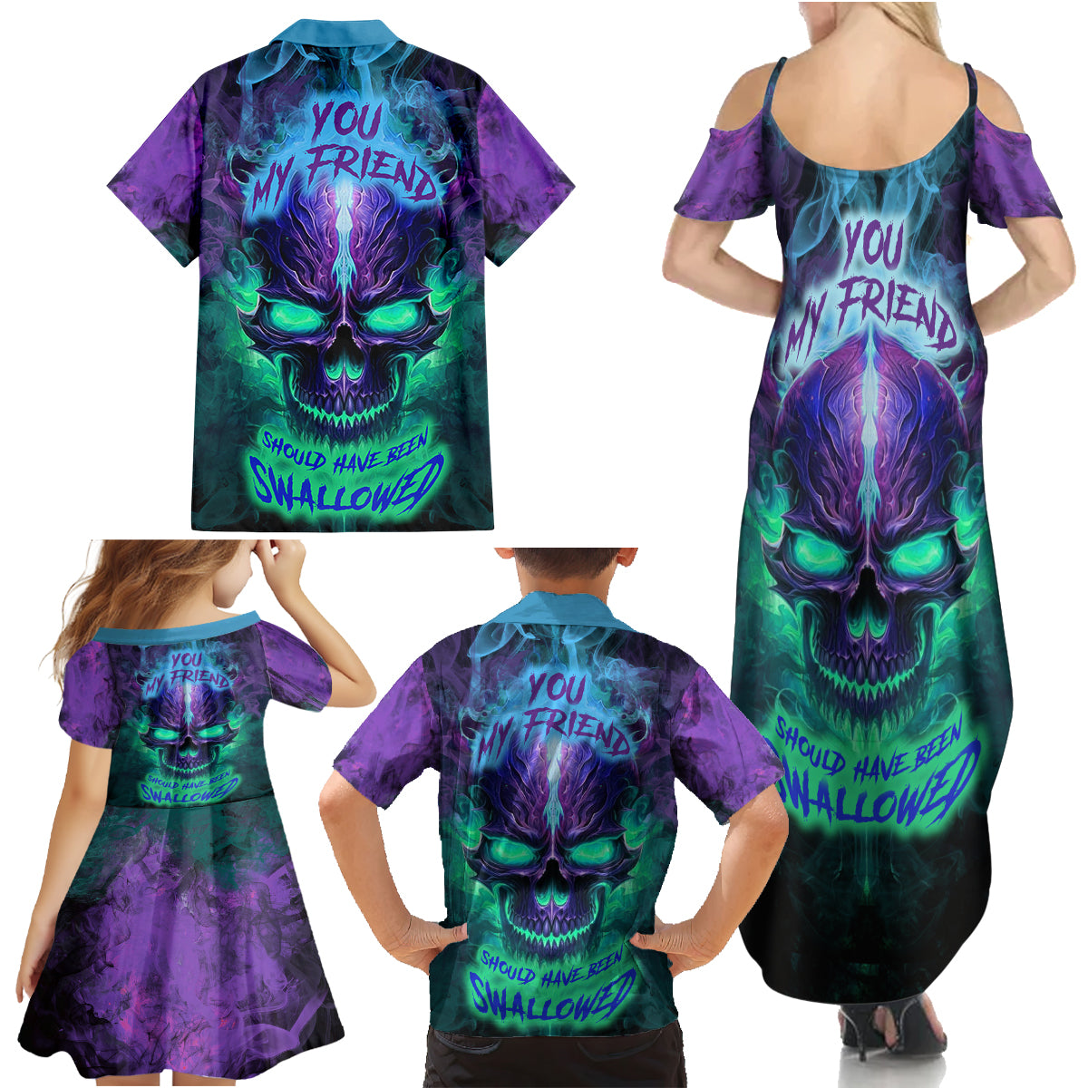 You My Friend Should Have Been Swallowed Skull Family Matching Summer Maxi Dress and Hawaiian Shirt - Wonder Print Shop