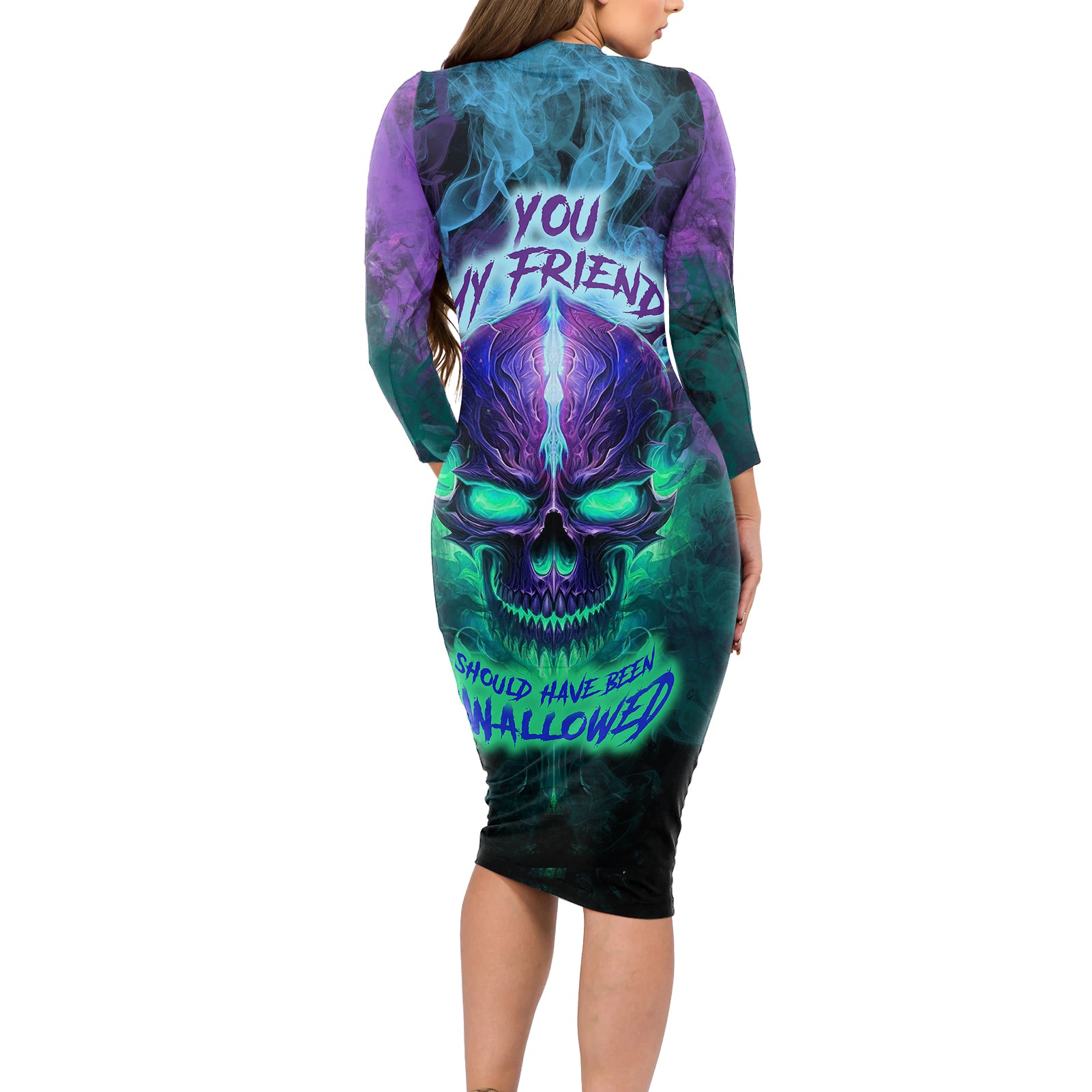 You My Friend Should Have Been Swallowed Skull Long Sleeve Bodycon Dress - Wonder Print Shop