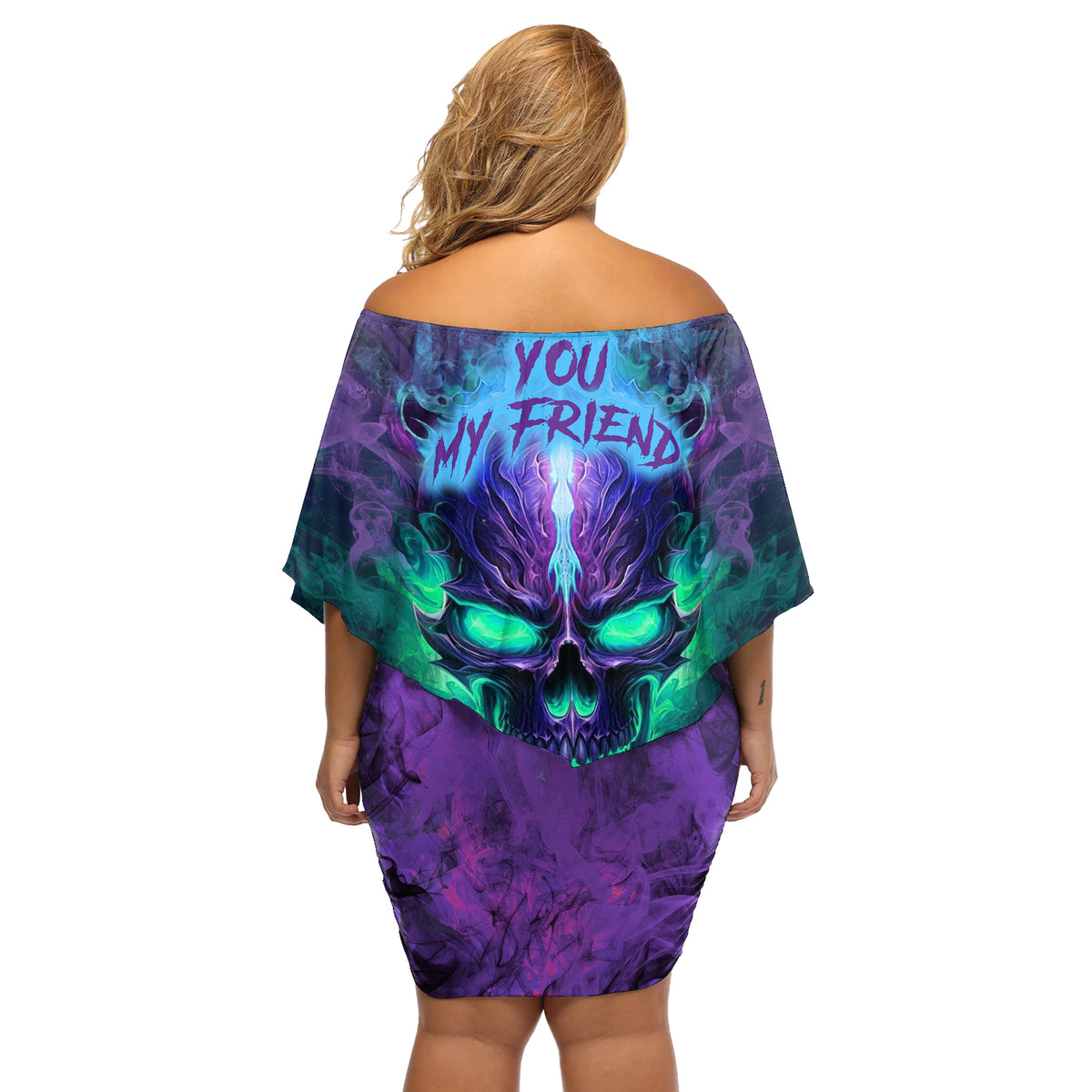 You My Friend Should Have Been Swallowed Skull Off Shoulder Short Dress - Wonder Print Shop