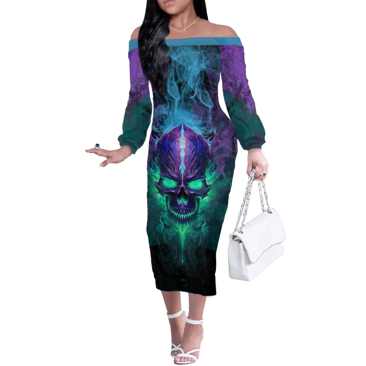 You My Friend Should Have Been Swallowed Skull Off The Shoulder Long Sleeve Dress - Wonder Print Shop
