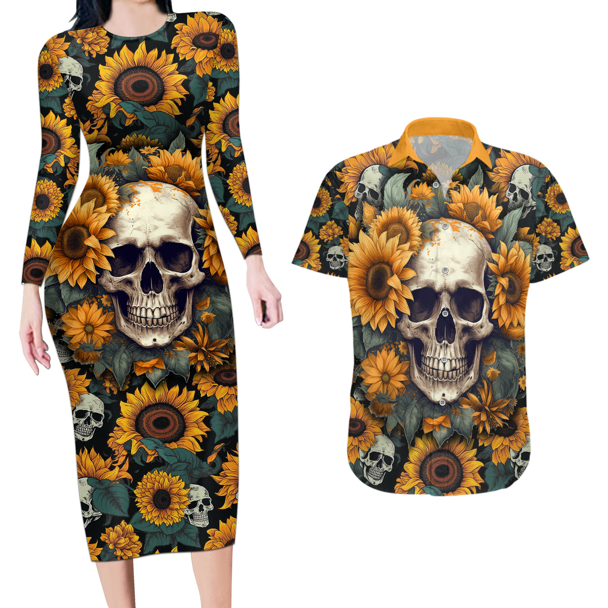 Shine Like A Sunflower Skull Couples Matching Long Sleeve Bodycon Dress and Hawaiian Shirt - Wonder Print Shop