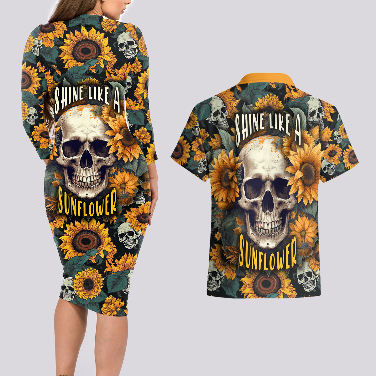 Shine Like A Sunflower Skull Couples Matching Long Sleeve Bodycon Dress and Hawaiian Shirt - Wonder Print Shop