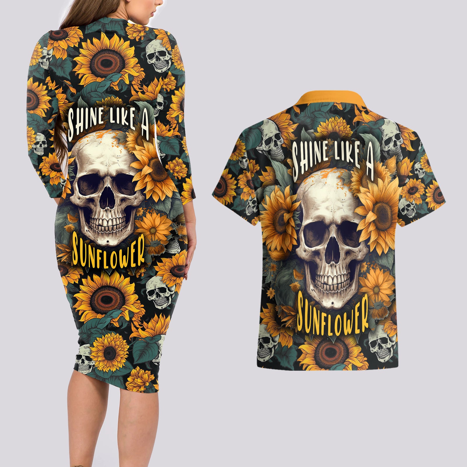 Shine Like A Sunflower Skull Couples Matching Long Sleeve Bodycon Dress and Hawaiian Shirt - Wonder Print Shop