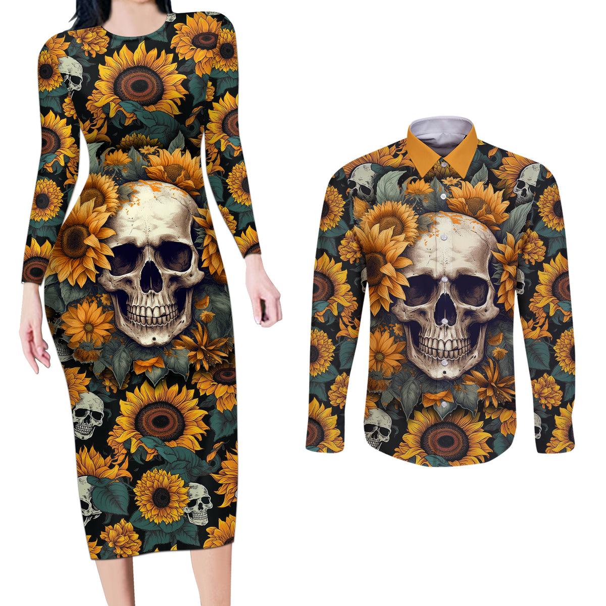 Shine Like A Sunflower Skull Couples Matching Long Sleeve Bodycon Dress and Long Sleeve Button Shirts - Wonder Print Shop