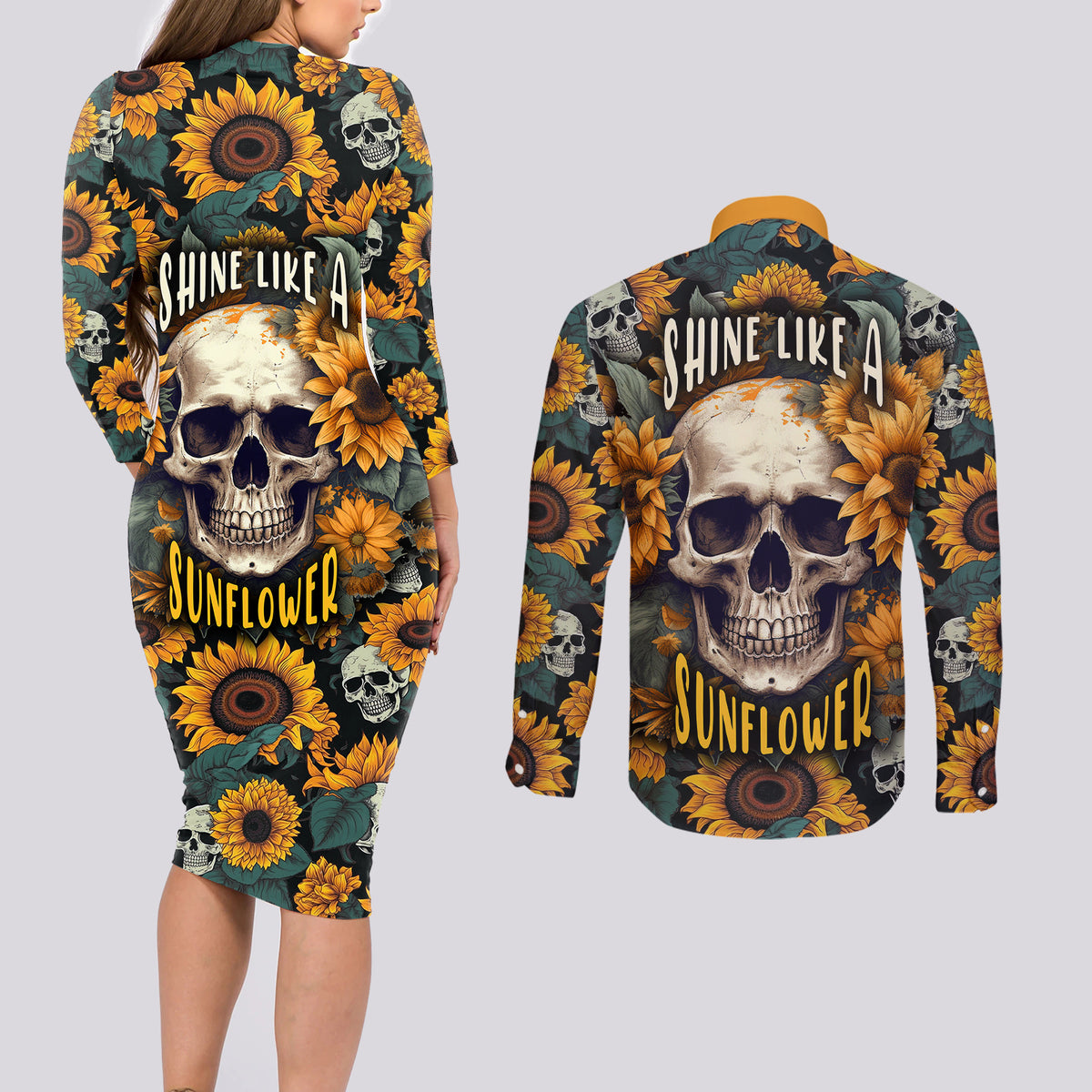 Shine Like A Sunflower Skull Couples Matching Long Sleeve Bodycon Dress and Long Sleeve Button Shirts - Wonder Print Shop