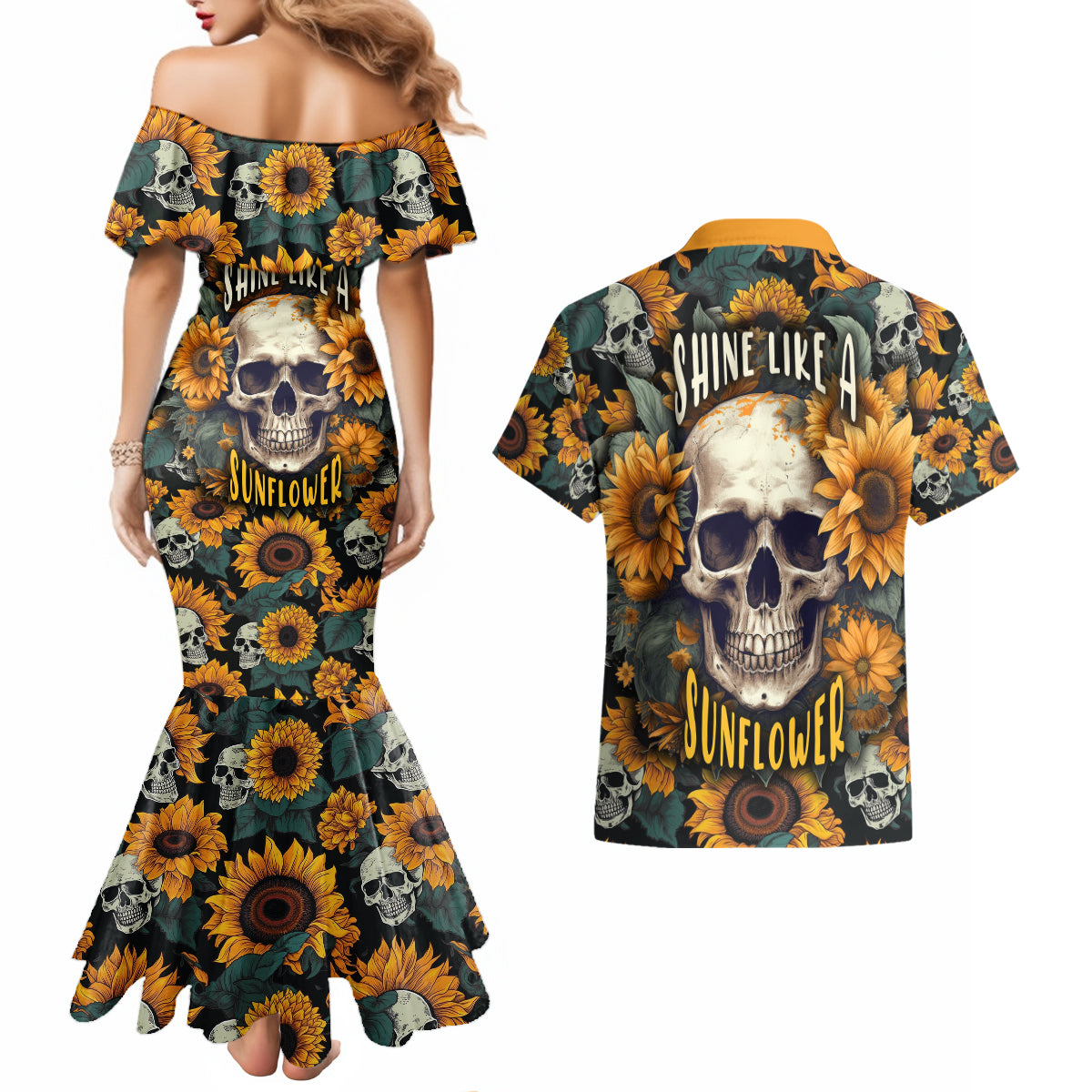 Shine Like A Sunflower Skull Couples Matching Mermaid Dress and Hawaiian Shirt - Wonder Print Shop