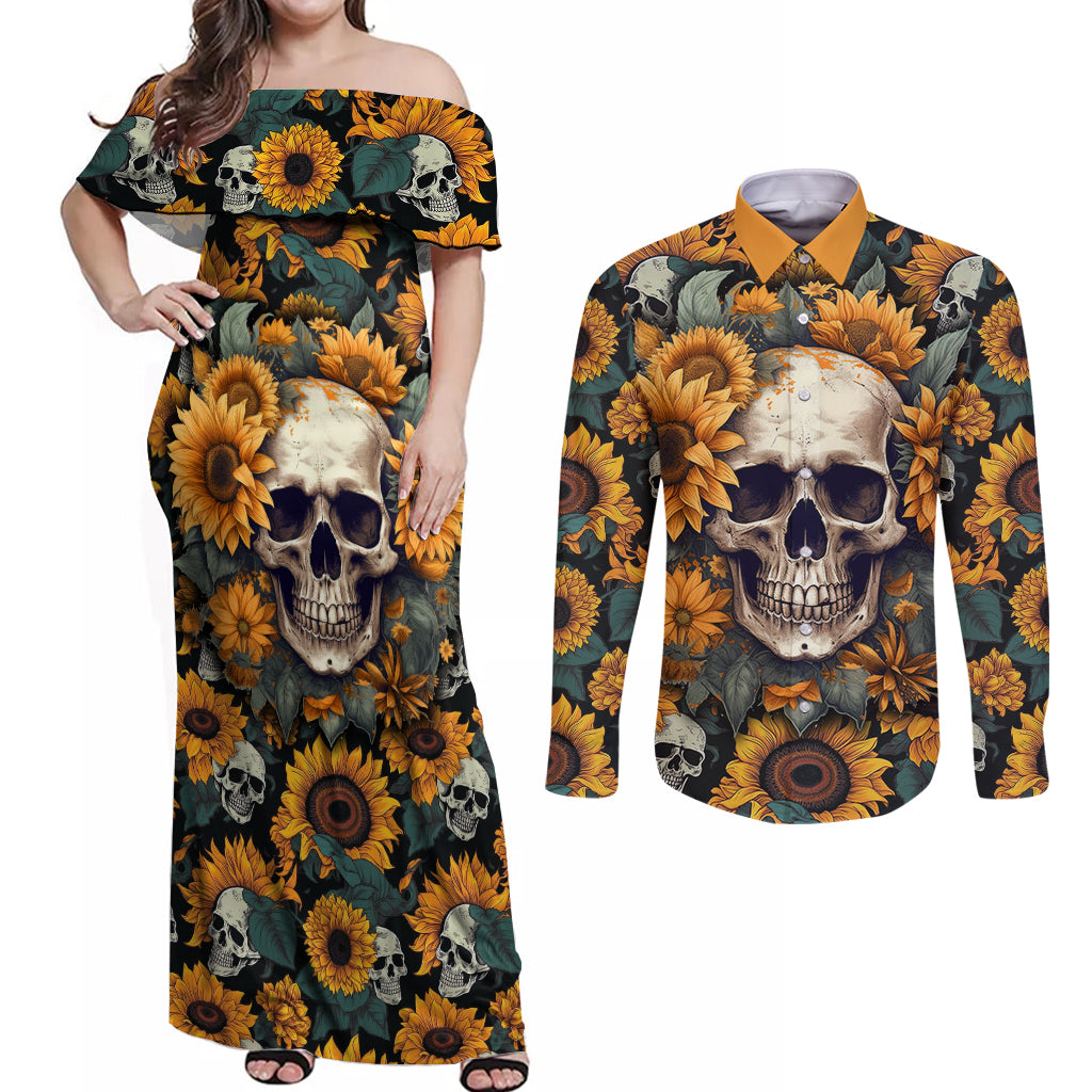Shine Like A Sunflower Skull Couples Matching Off Shoulder Maxi Dress and Long Sleeve Button Shirts - Wonder Print Shop