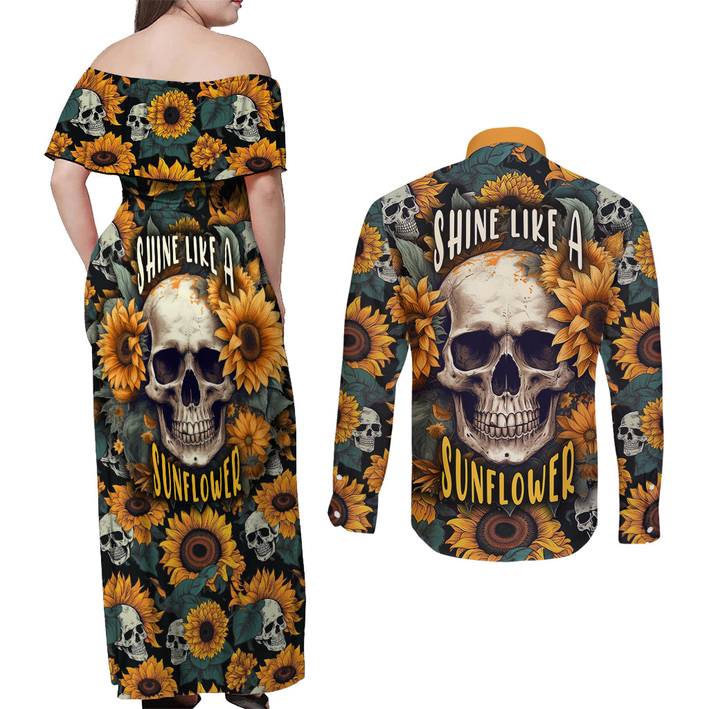 Shine Like A Sunflower Skull Couples Matching Off Shoulder Maxi Dress and Long Sleeve Button Shirts - Wonder Print Shop