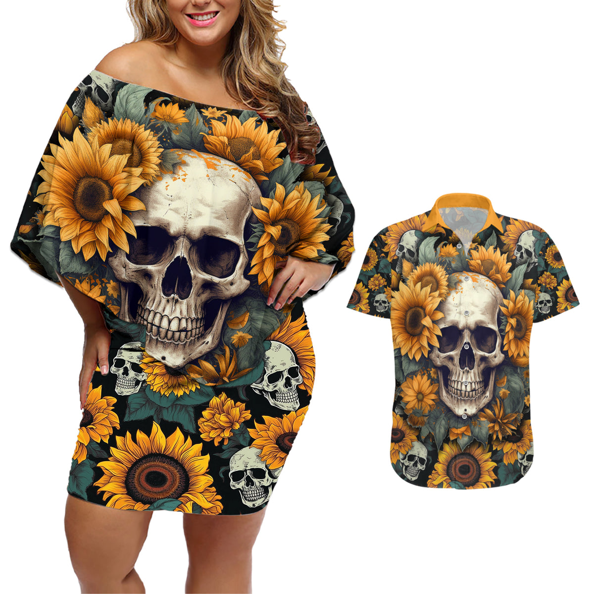 Shine Like A Sunflower Skull Couples Matching Off Shoulder Short Dress and Hawaiian Shirt - Wonder Print Shop