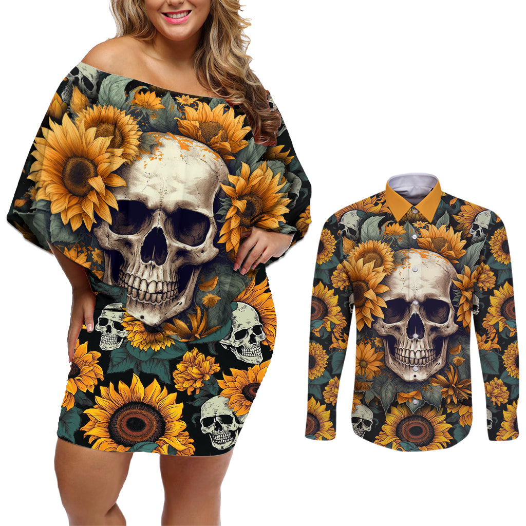 Shine Like A Sunflower Skull Couples Matching Off Shoulder Short Dress and Long Sleeve Button Shirts - Wonder Print Shop