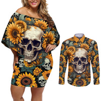 Shine Like A Sunflower Skull Couples Matching Off Shoulder Short Dress and Long Sleeve Button Shirts - Wonder Print Shop