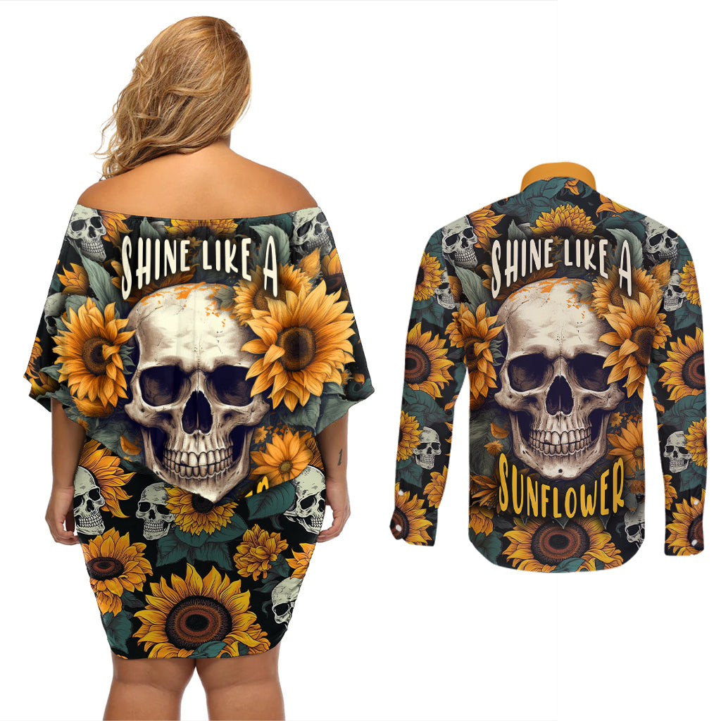 Shine Like A Sunflower Skull Couples Matching Off Shoulder Short Dress and Long Sleeve Button Shirts - Wonder Print Shop