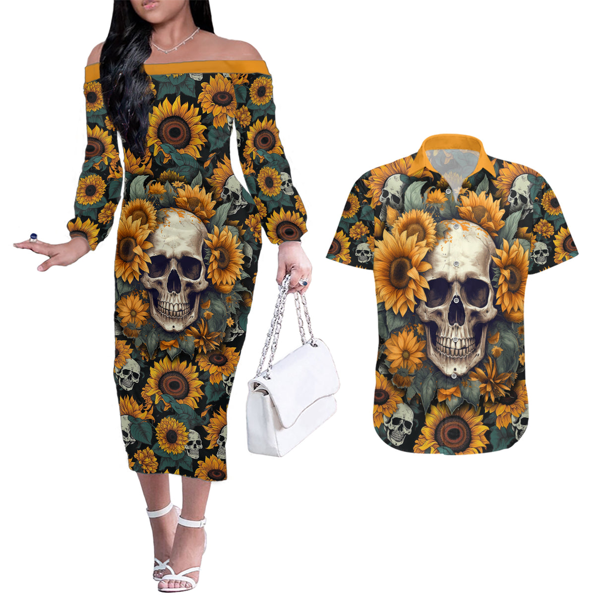 Shine Like A Sunflower Skull Couples Matching Off The Shoulder Long Sleeve Dress and Hawaiian Shirt - Wonder Print Shop
