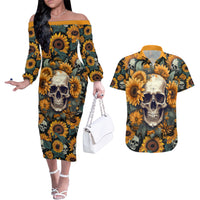Shine Like A Sunflower Skull Couples Matching Off The Shoulder Long Sleeve Dress and Hawaiian Shirt - Wonder Print Shop