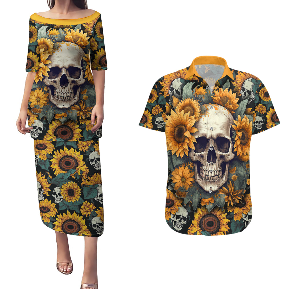 Shine Like A Sunflower Skull Couples Matching Puletasi Dress and Hawaiian Shirt - Wonder Print Shop