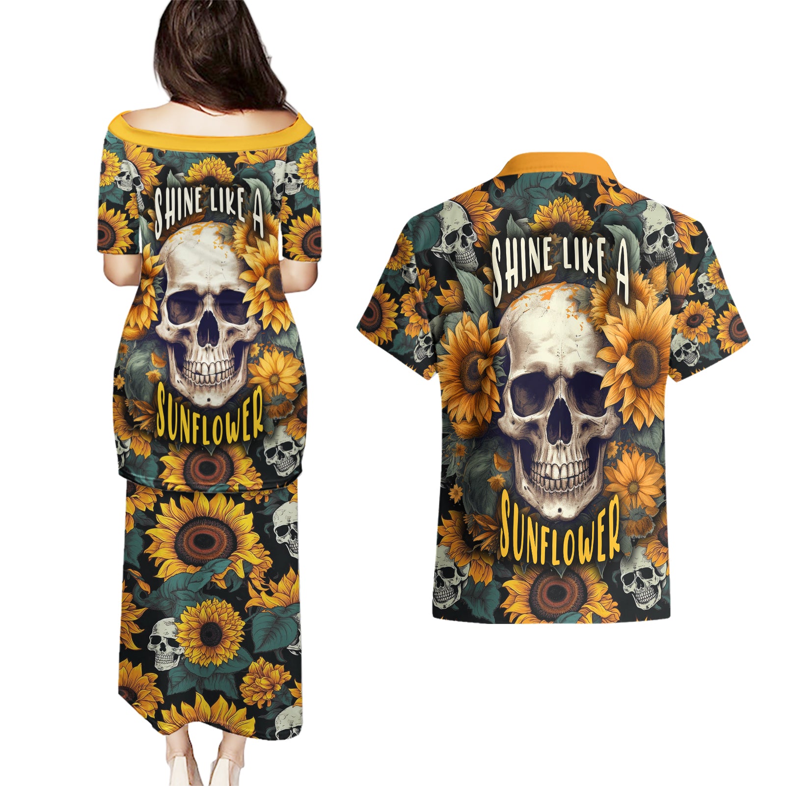Shine Like A Sunflower Skull Couples Matching Puletasi Dress and Hawaiian Shirt - Wonder Print Shop