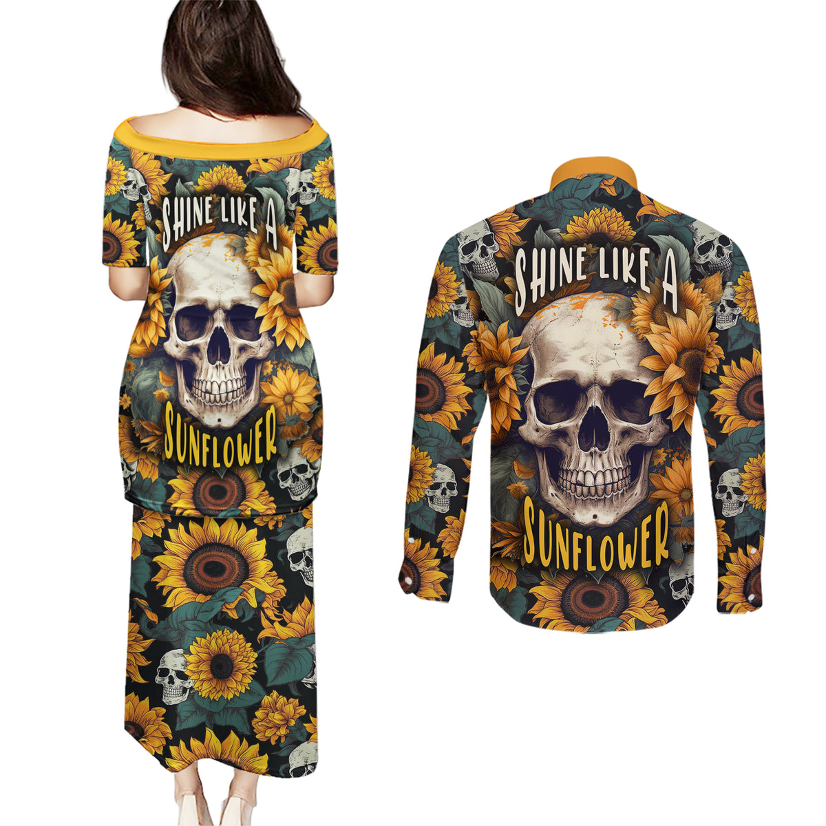 Shine Like A Sunflower Skull Couples Matching Puletasi Dress and Long Sleeve Button Shirts - Wonder Print Shop