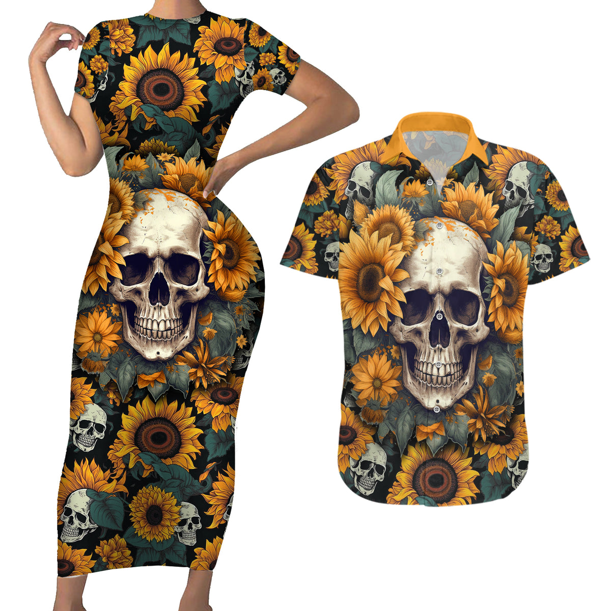 Shine Like A Sunflower Skull Couples Matching Short Sleeve Bodycon Dress and Hawaiian Shirt - Wonder Print Shop