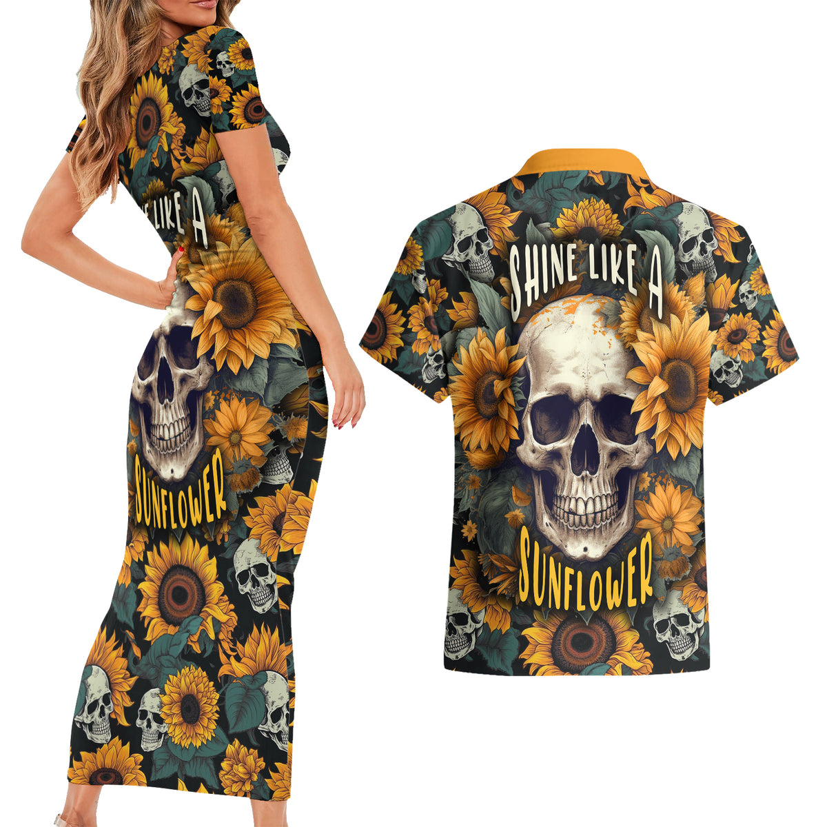Shine Like A Sunflower Skull Couples Matching Short Sleeve Bodycon Dress and Hawaiian Shirt - Wonder Print Shop