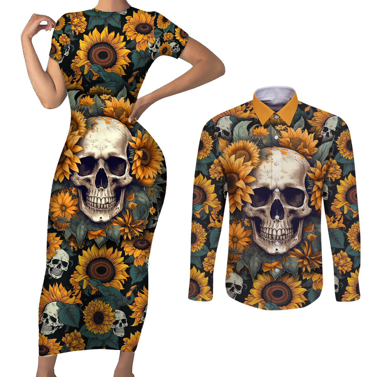 Shine Like A Sunflower Skull Couples Matching Short Sleeve Bodycon Dress and Long Sleeve Button Shirts - Wonder Print Shop