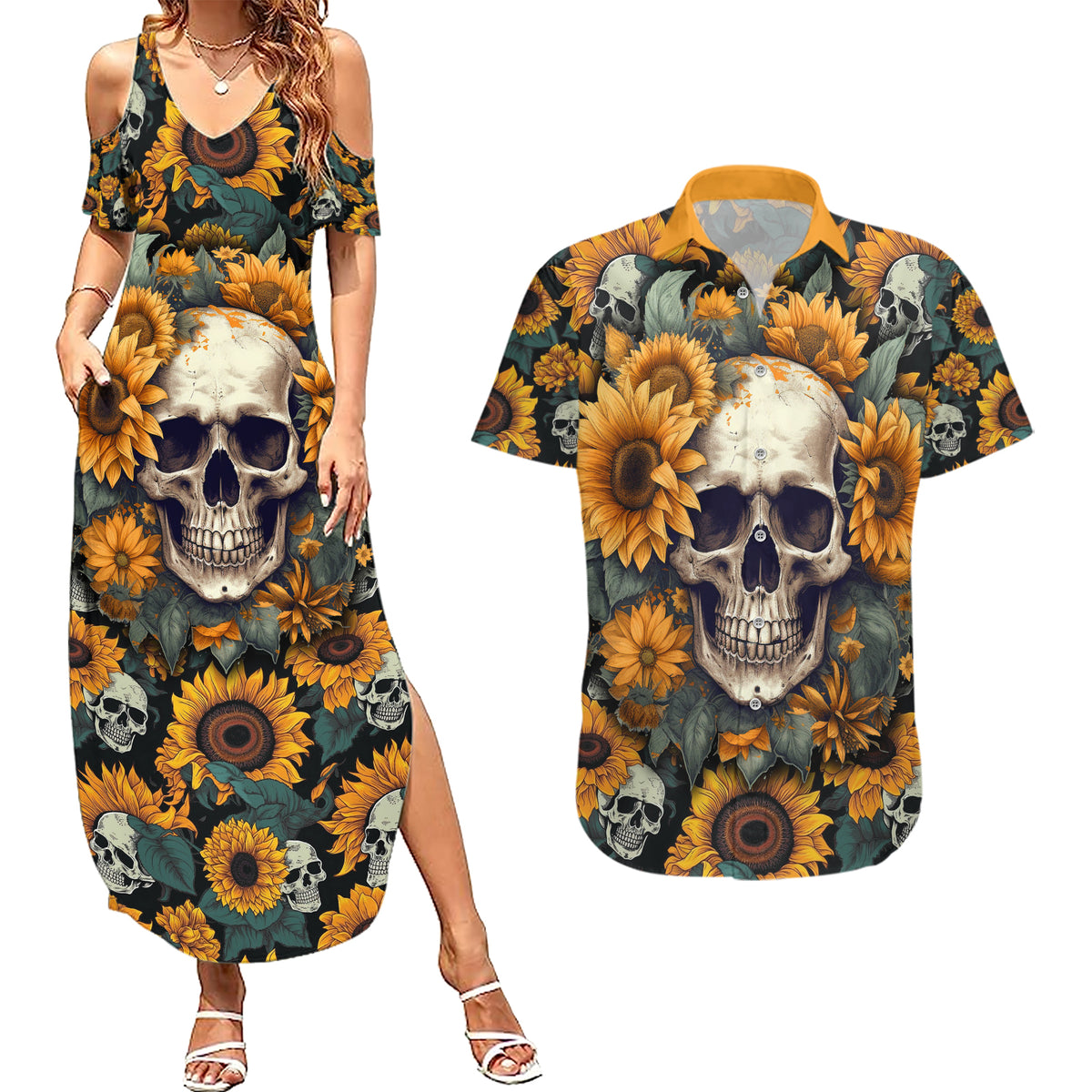 Shine Like A Sunflower Skull Couples Matching Summer Maxi Dress and Hawaiian Shirt - Wonder Print Shop