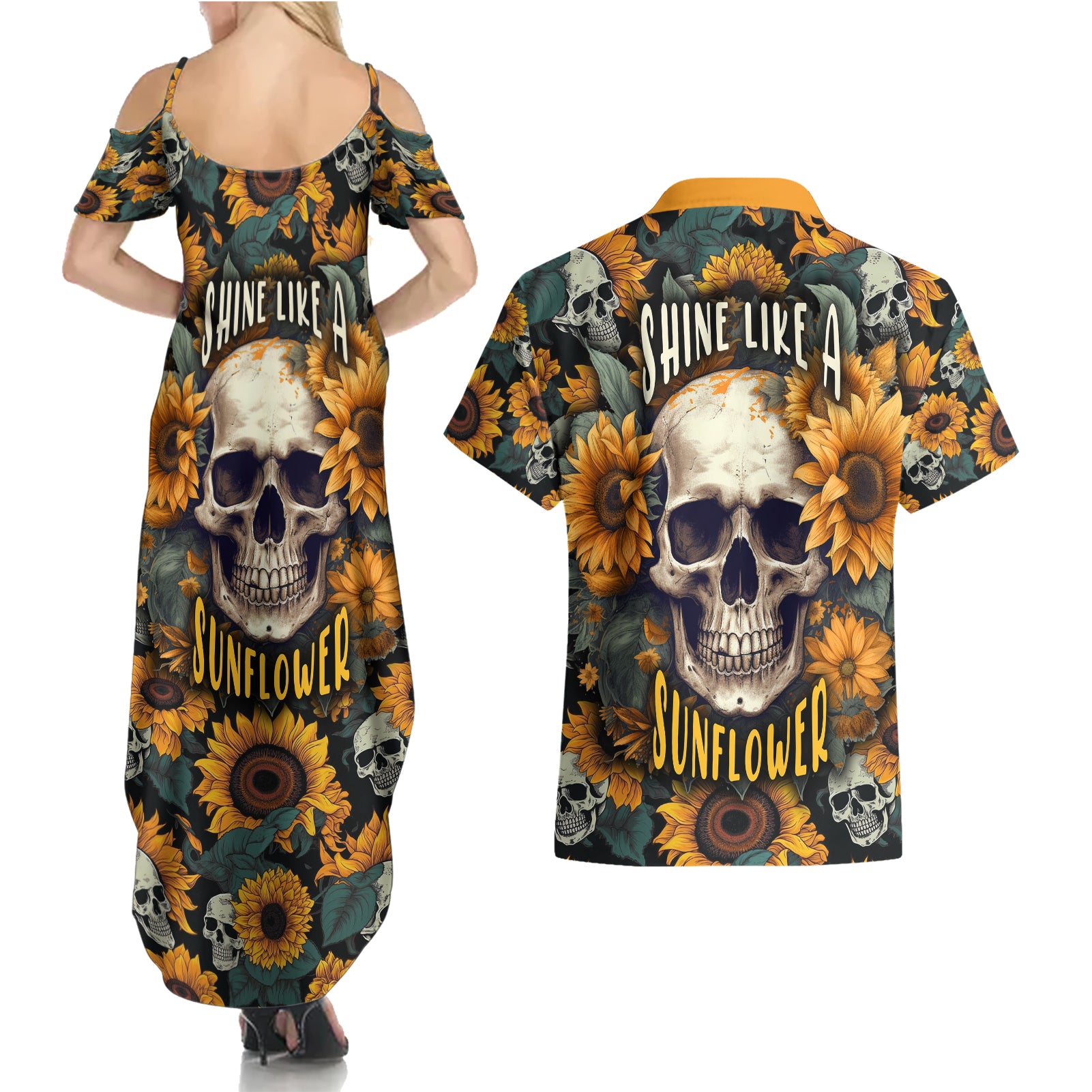 Shine Like A Sunflower Skull Couples Matching Summer Maxi Dress and Hawaiian Shirt - Wonder Print Shop