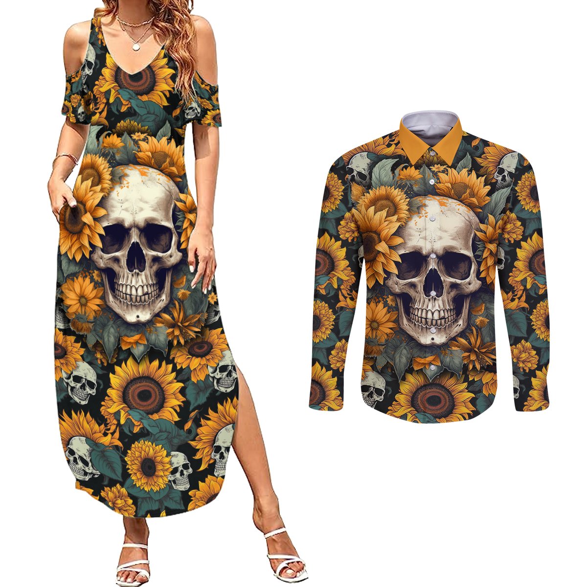 Shine Like A Sunflower Skull Couples Matching Summer Maxi Dress and Long Sleeve Button Shirts - Wonder Print Shop