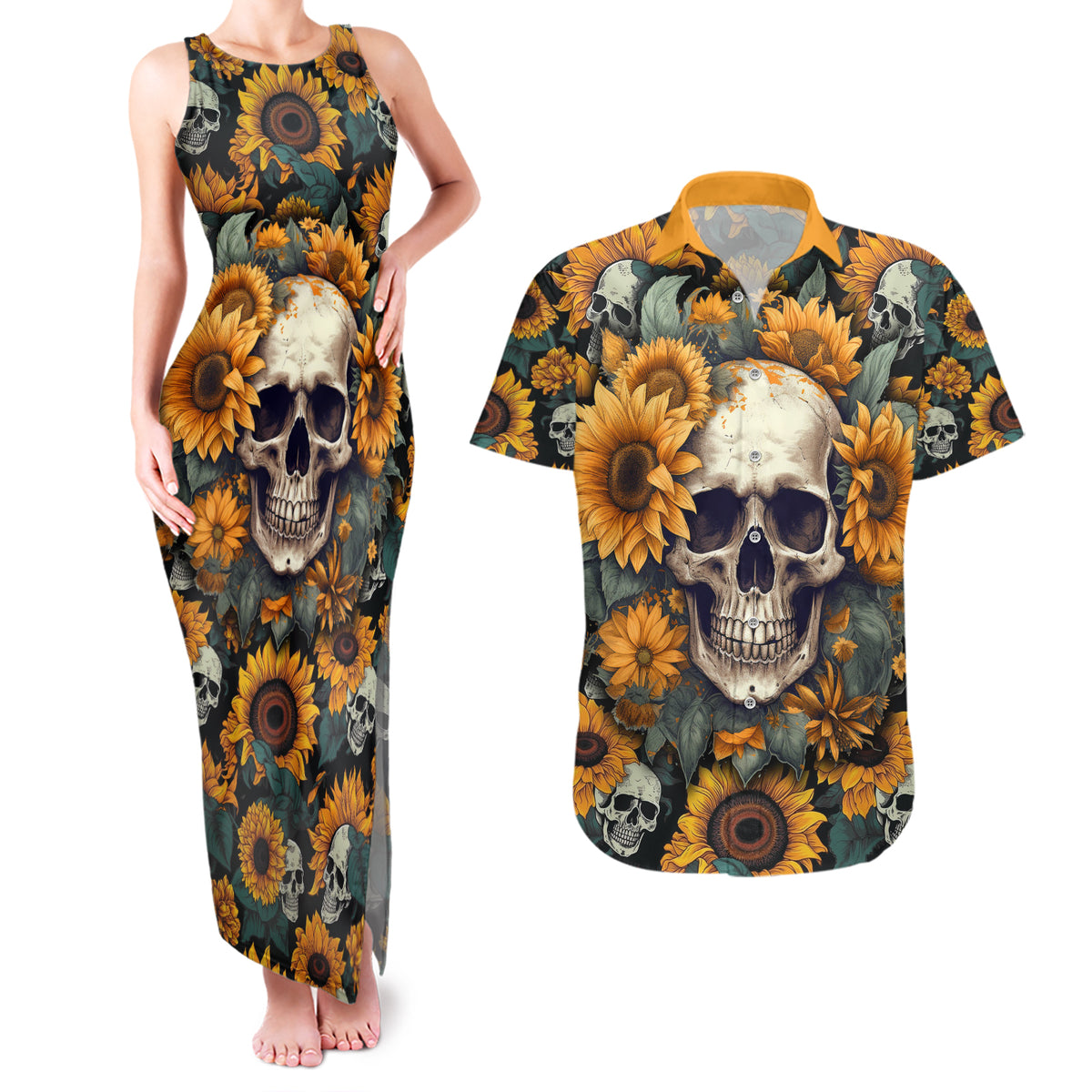 Shine Like A Sunflower Skull Couples Matching Tank Maxi Dress and Hawaiian Shirt - Wonder Print Shop