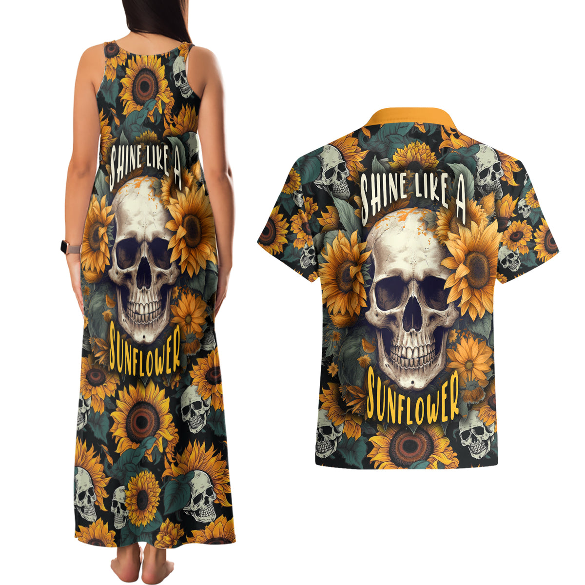 Shine Like A Sunflower Skull Couples Matching Tank Maxi Dress and Hawaiian Shirt - Wonder Print Shop