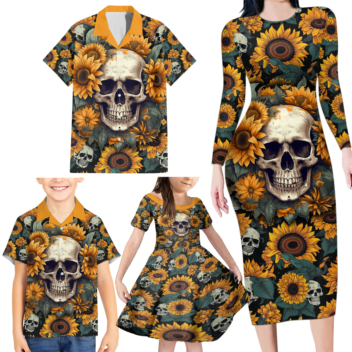 Shine Like A Sunflower Skull Family Matching Long Sleeve Bodycon Dress and Hawaiian Shirt - Wonder Print Shop