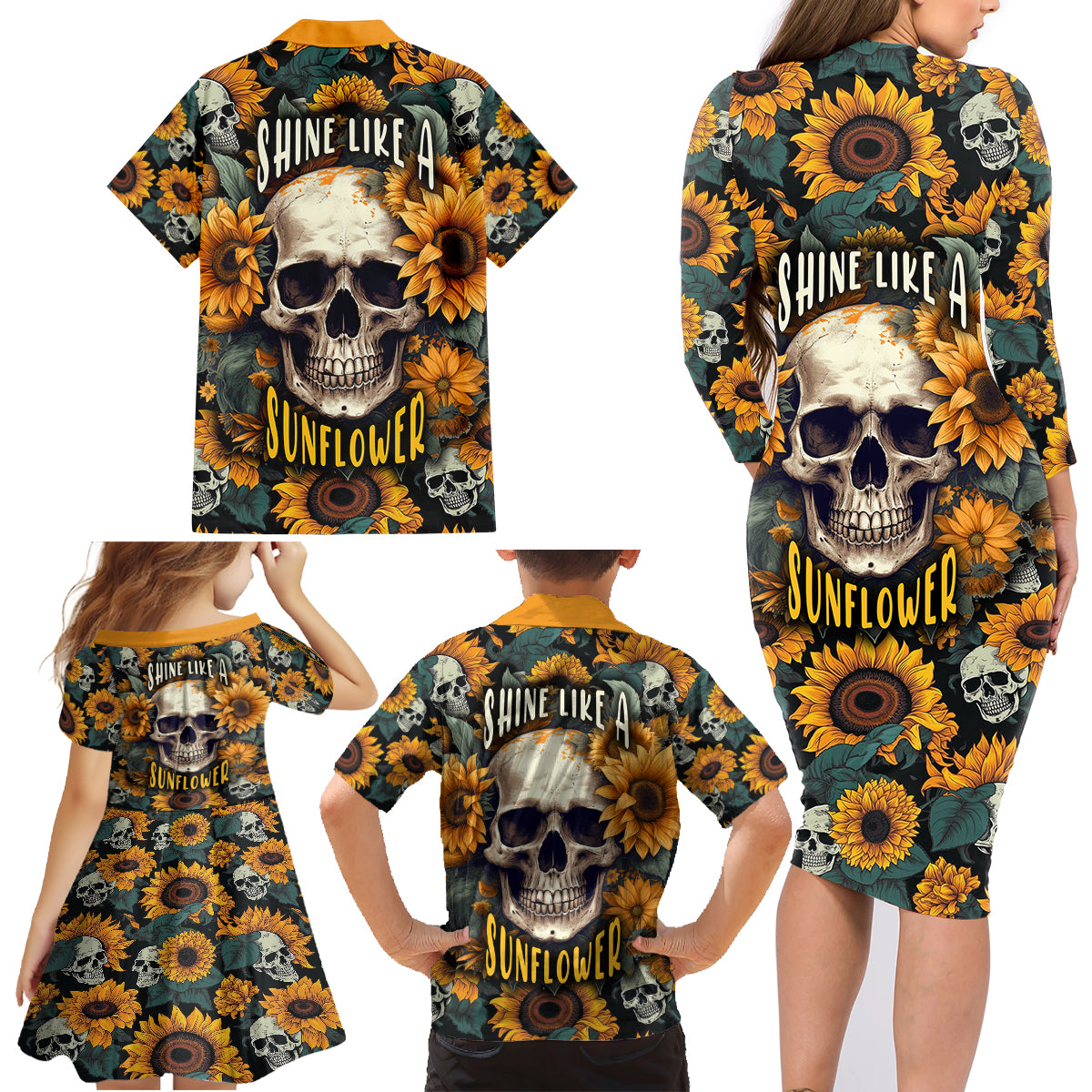 Shine Like A Sunflower Skull Family Matching Long Sleeve Bodycon Dress and Hawaiian Shirt - Wonder Print Shop
