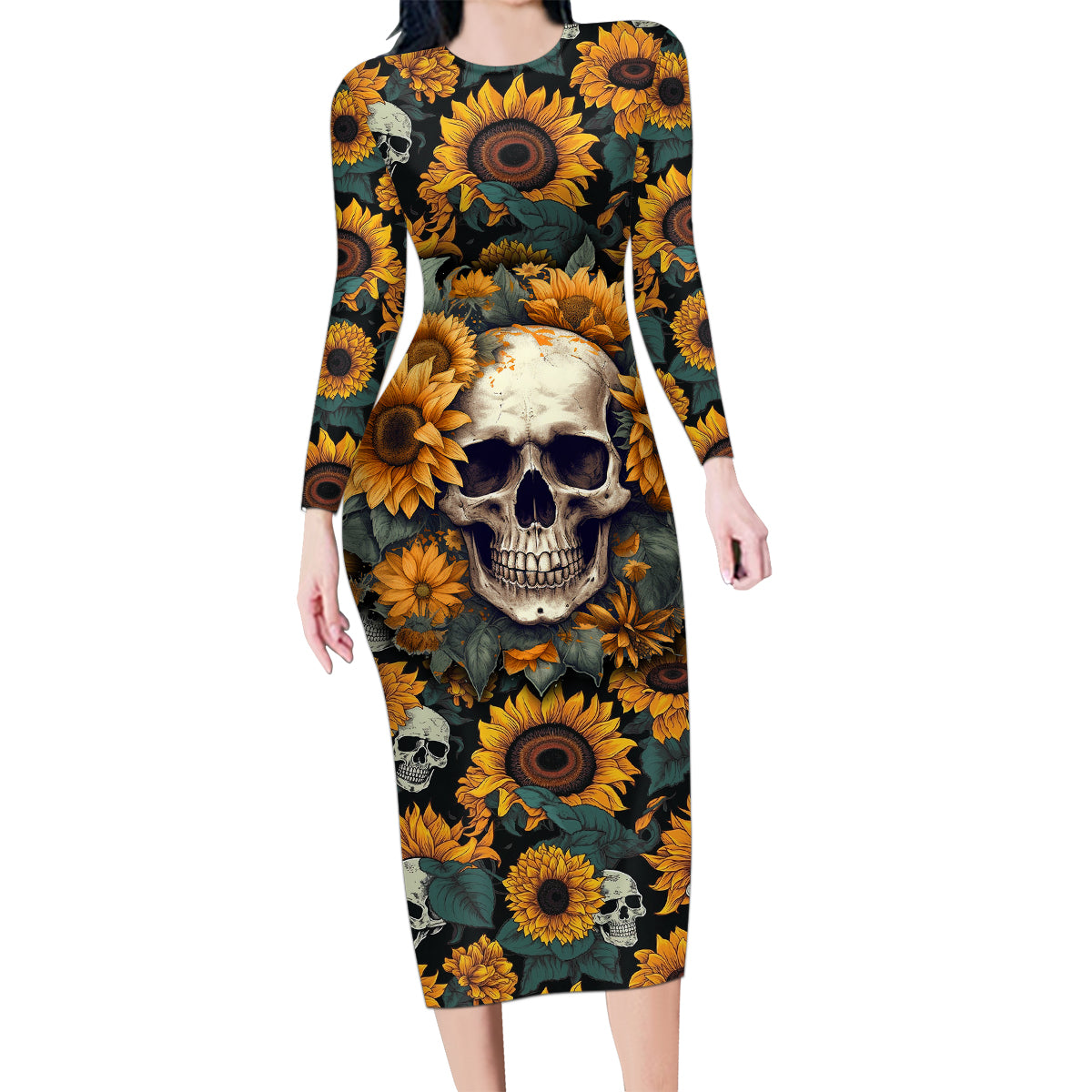 Shine Like A Sunflower Skull Family Matching Long Sleeve Bodycon Dress and Hawaiian Shirt - Wonder Print Shop