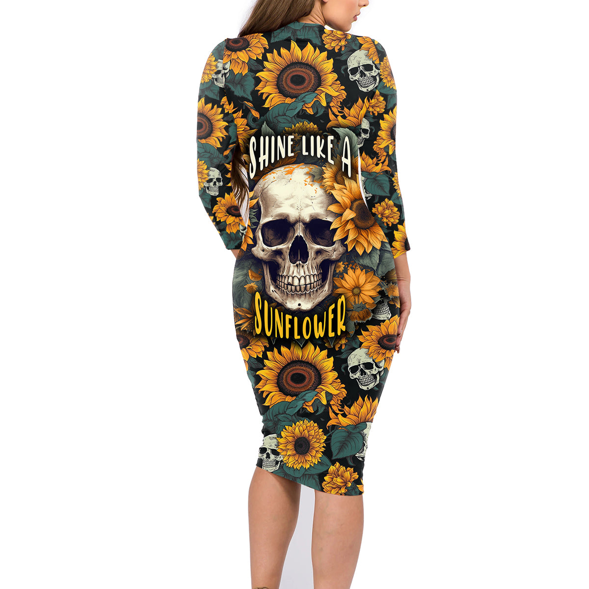 Shine Like A Sunflower Skull Family Matching Long Sleeve Bodycon Dress and Hawaiian Shirt - Wonder Print Shop