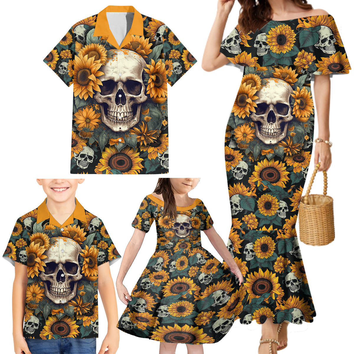 Shine Like A Sunflower Skull Family Matching Mermaid Dress and Hawaiian Shirt - Wonder Print Shop