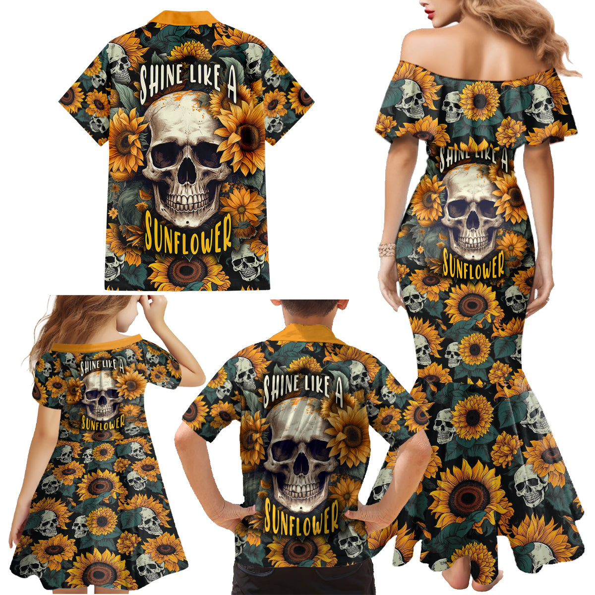 Shine Like A Sunflower Skull Family Matching Mermaid Dress and Hawaiian Shirt - Wonder Print Shop