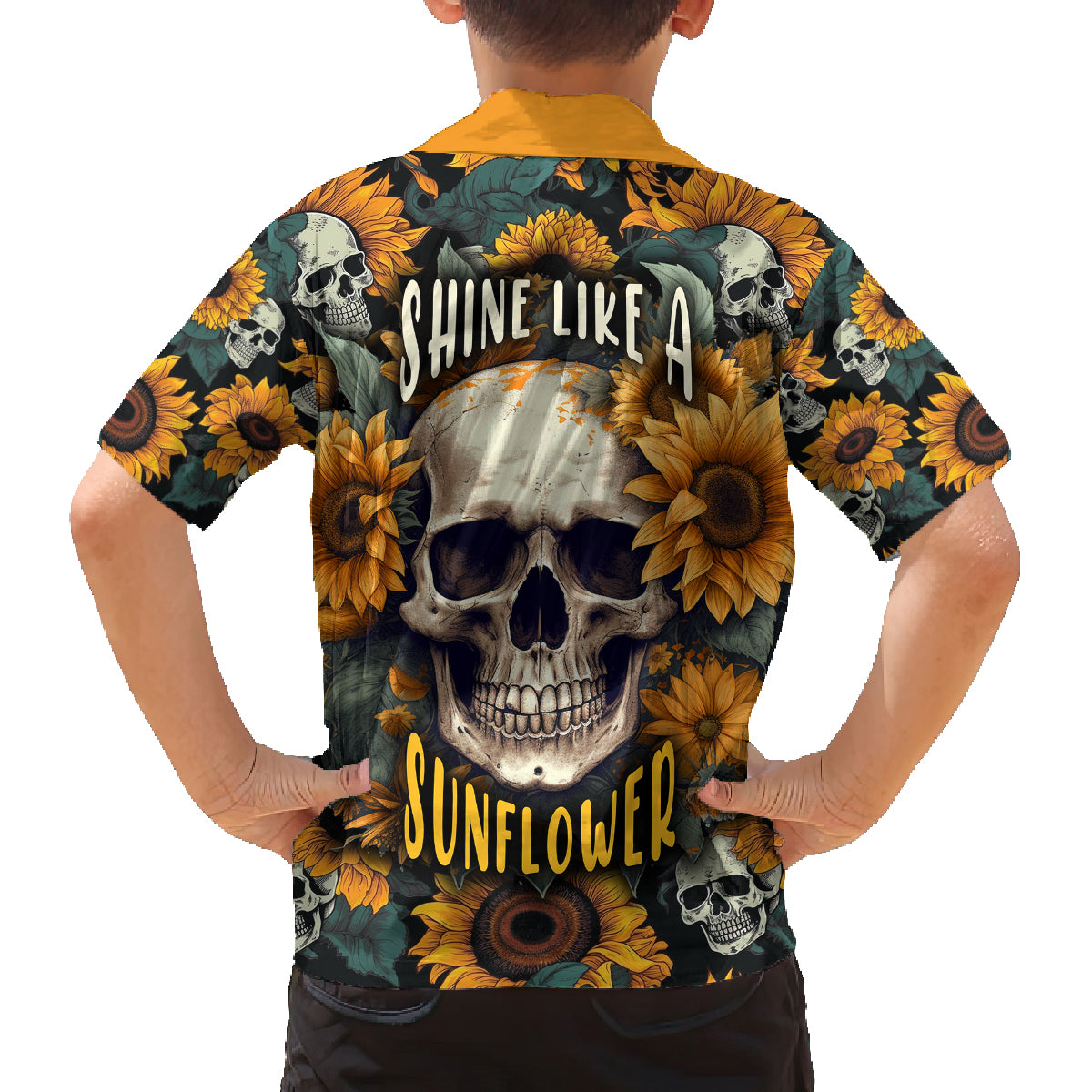 Shine Like A Sunflower Skull Family Matching Off Shoulder Long Sleeve Dress and Hawaiian Shirt - Wonder Print Shop