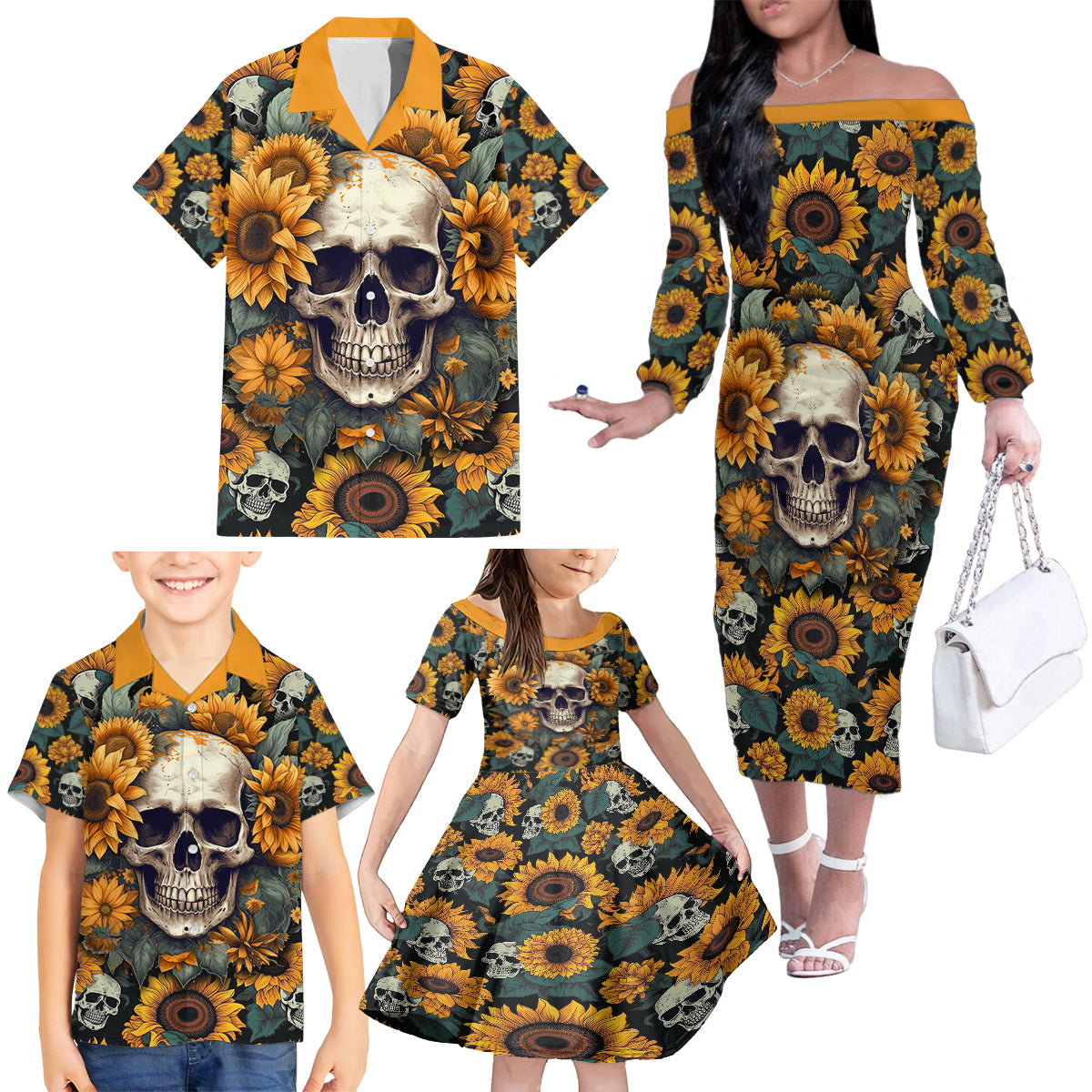 Shine Like A Sunflower Skull Family Matching Off Shoulder Long Sleeve Dress and Hawaiian Shirt - Wonder Print Shop