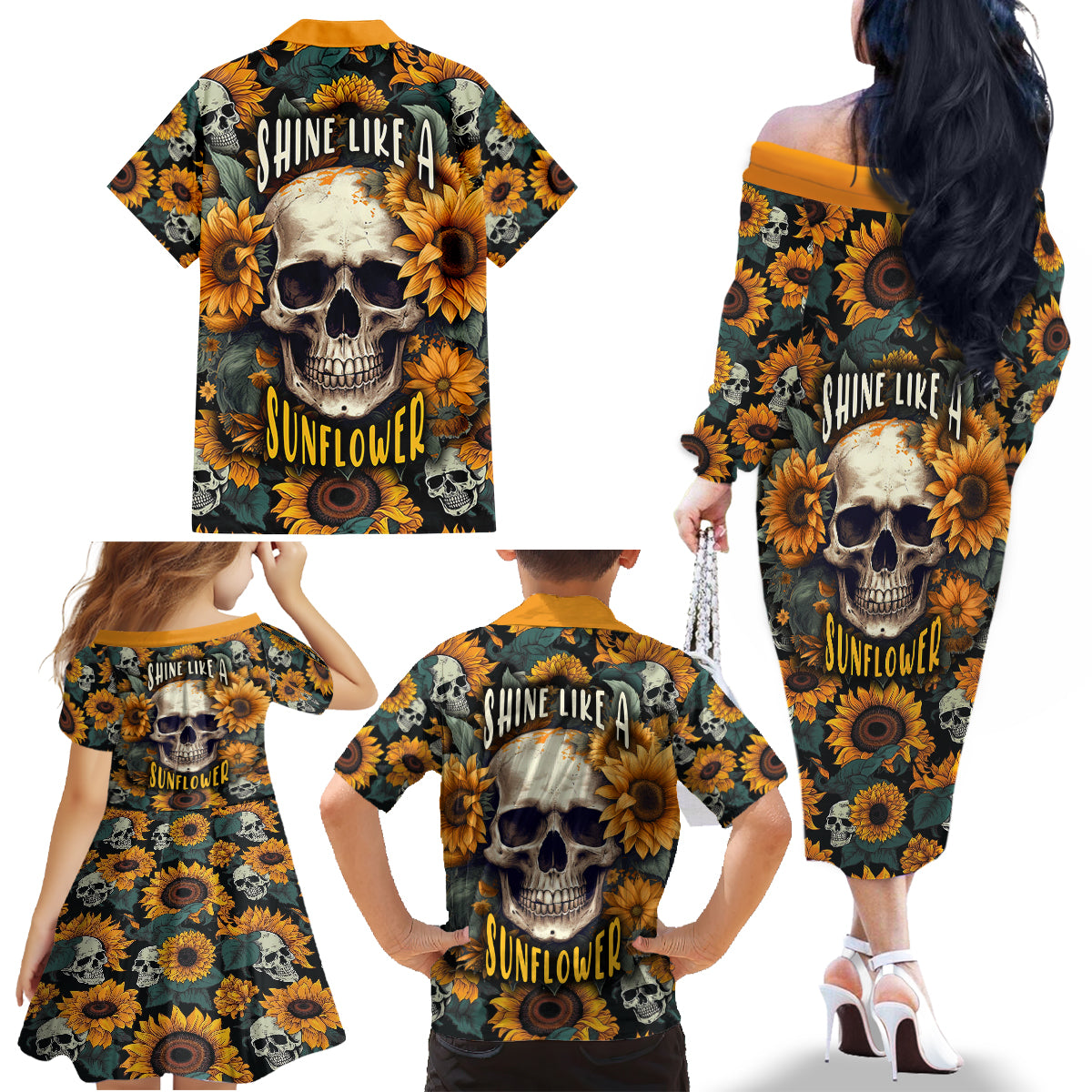 Shine Like A Sunflower Skull Family Matching Off Shoulder Long Sleeve Dress and Hawaiian Shirt - Wonder Print Shop