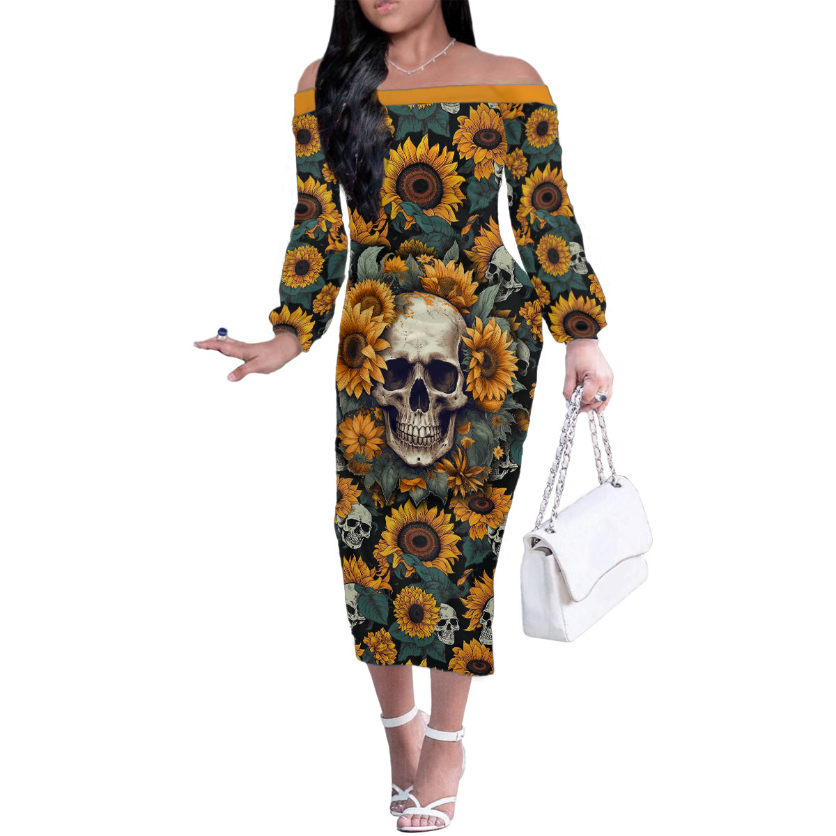 Shine Like A Sunflower Skull Family Matching Off Shoulder Long Sleeve Dress and Hawaiian Shirt - Wonder Print Shop