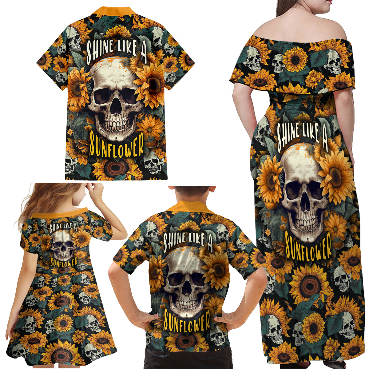 Shine Like A Sunflower Skull Family Matching Off Shoulder Maxi Dress and Hawaiian Shirt - Wonder Print Shop