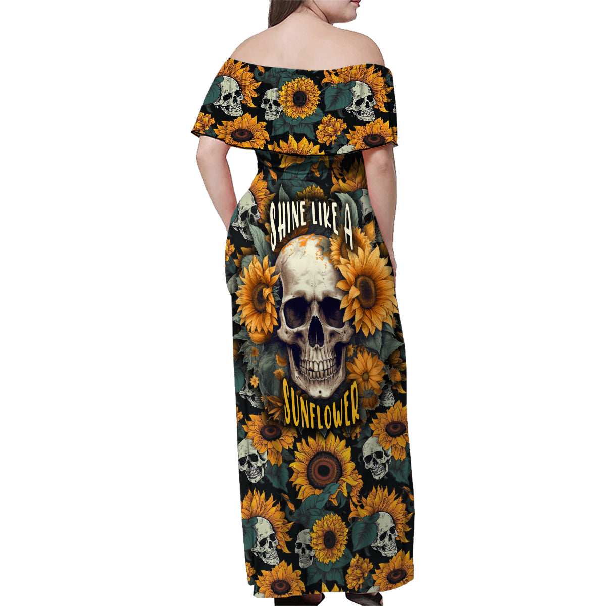 Shine Like A Sunflower Skull Family Matching Off Shoulder Maxi Dress and Hawaiian Shirt - Wonder Print Shop