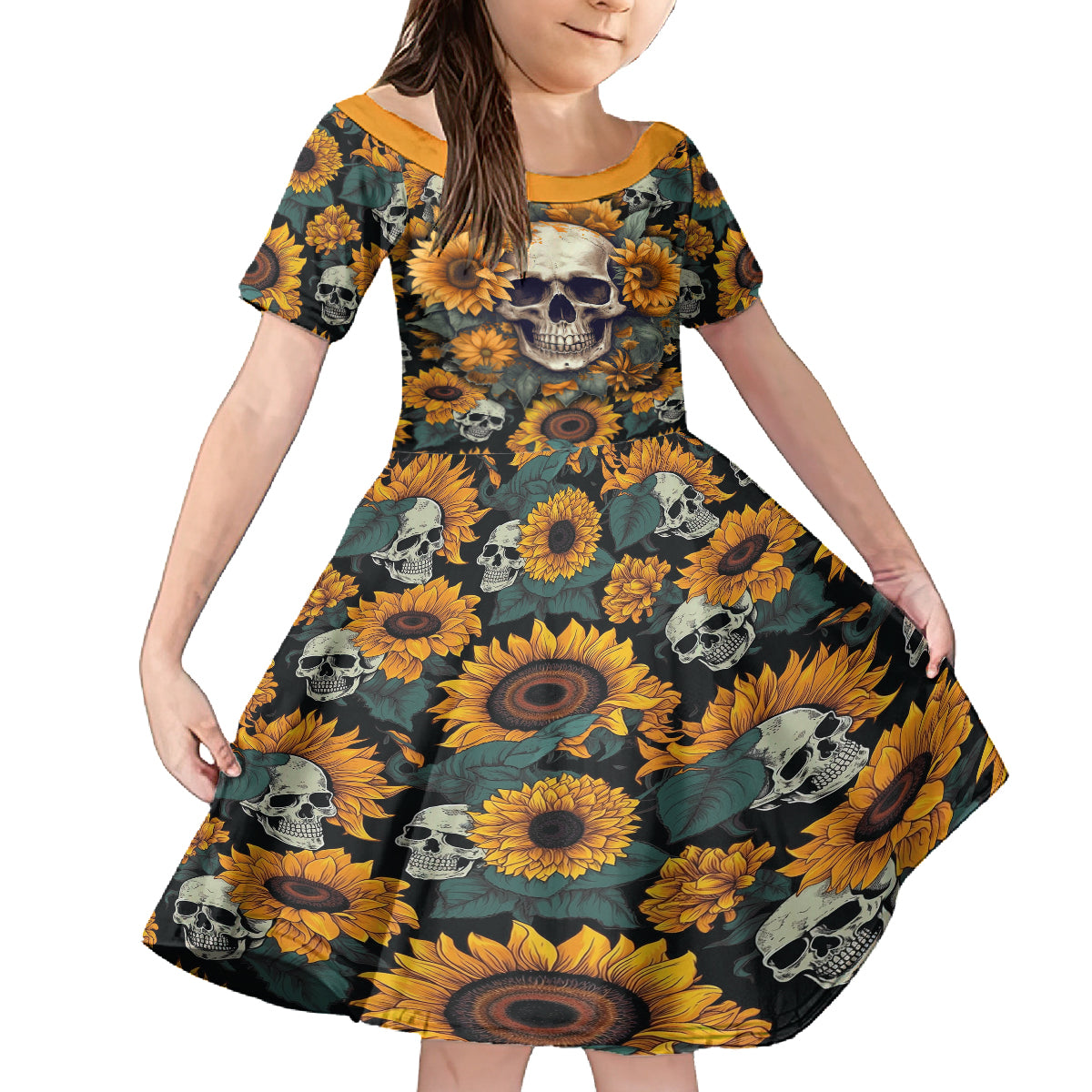 Shine Like A Sunflower Skull Family Matching Off Shoulder Short Dress and Hawaiian Shirt - Wonder Print Shop