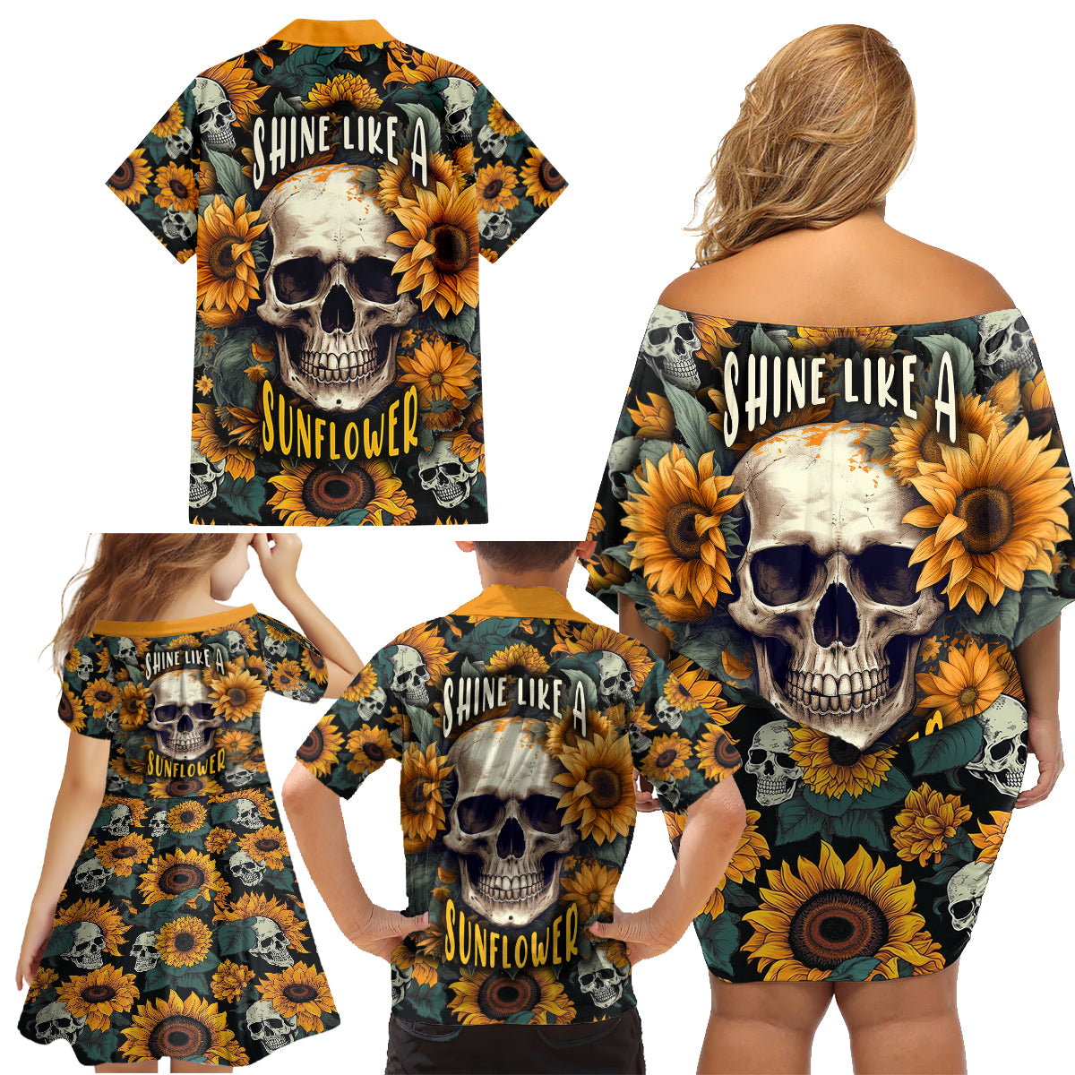 Shine Like A Sunflower Skull Family Matching Off Shoulder Short Dress and Hawaiian Shirt - Wonder Print Shop