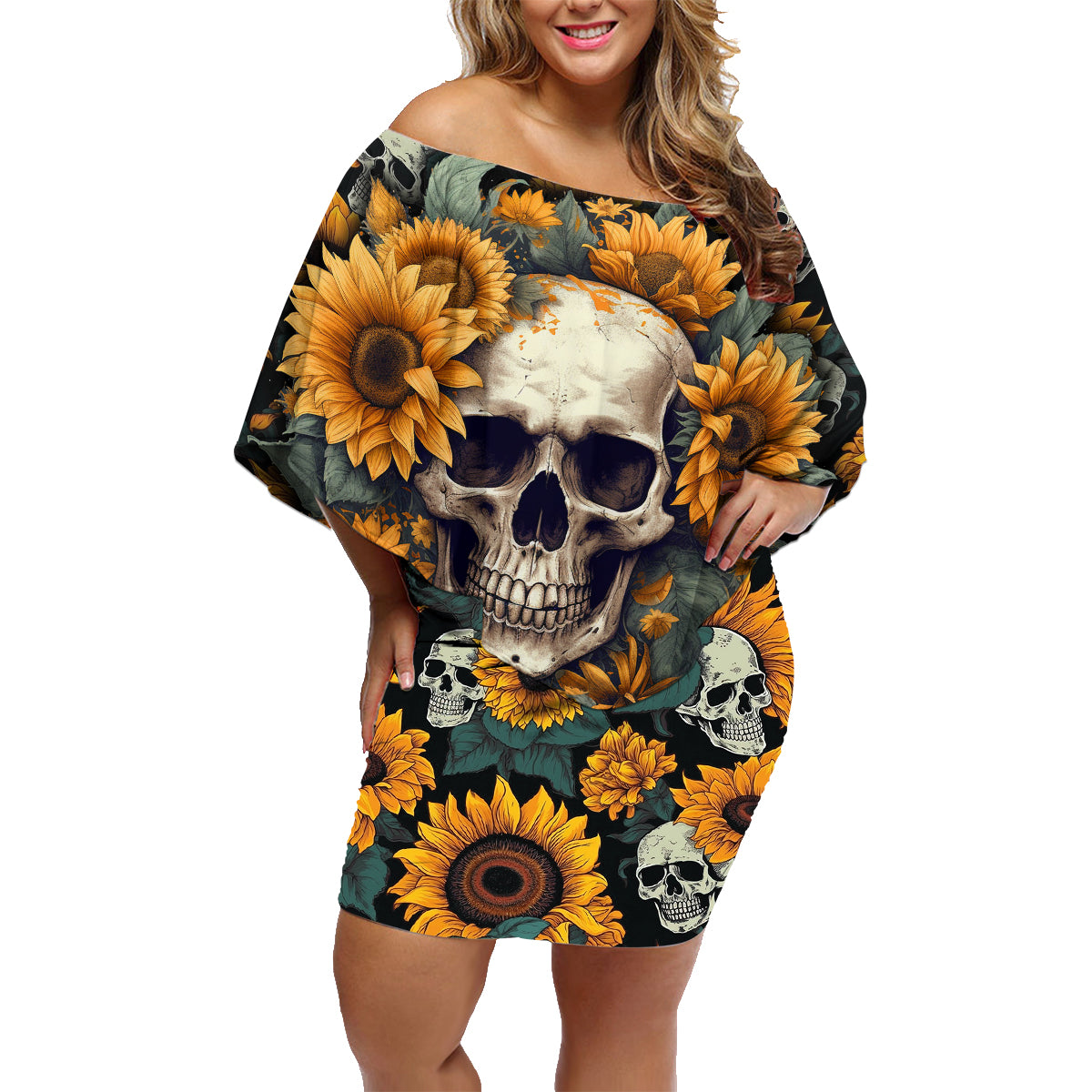 Shine Like A Sunflower Skull Family Matching Off Shoulder Short Dress and Hawaiian Shirt - Wonder Print Shop